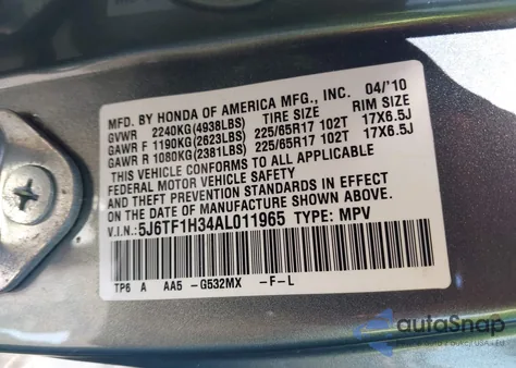 2010 Honda Accord Crosstour Ex z USA, uszkodzony, nr VIN 5J6TF1H34AL011965